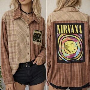 Upcycled NIRVANA Graphic Tee On REWIND Lightweight Oversized Flannel Shirt Sz S